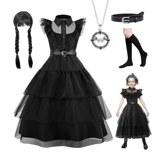 Deluxe Wednesday Kostüm Kinder Mädchen,Schwarzes karneval kostüm-Kleid für Mädchen – mit Gothic-Schmuck,Gürtel, Socken,Halskette,Handschuhen,ideal für Cosplay,Raves,Rave-Partys,für Mädchen-110CM von Senchinner