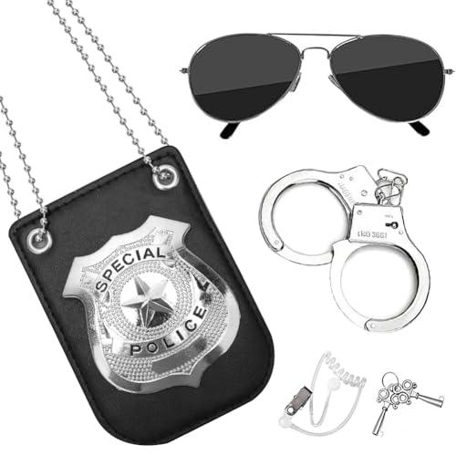 Handschellen Kinder Polizei Set, 5-teiliges Polizei Kostüm Zubehör mit Handschellen, Schlüssel, Polizei Abzeichen, Party Sonnenbrille und Ohrstöpseln für Karneval, Mottoparty und Cosplay von Senchinner