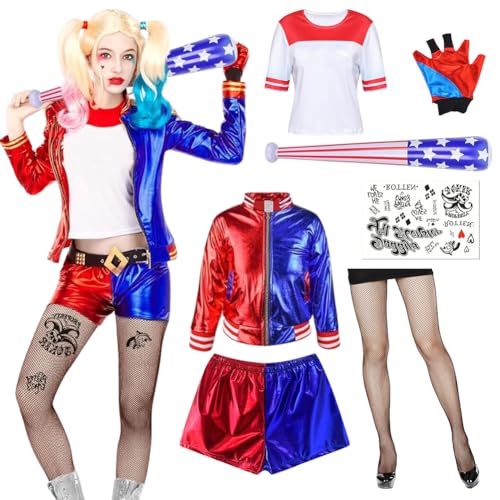 Senchinner Quinn Kostüm Damen Halloween Cosplay Kostüme Kit mit Baseballschläger Aufblasbar, Temporäre Tattoos, Handschuhe, Jacke, T-Shirt, Shorts, Netzstrümpfe (L) von Senchinner