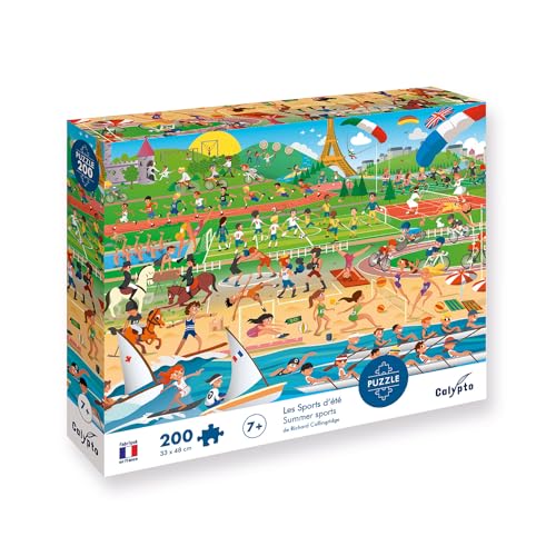 Sentosphere Calypto 3907400 Sommersport, 200 Teile Puzzle mit Soft Touch, Kinderpuzzle mit samtiger Oberfläche inkl. Puzzleposter, für Kinder ab 7 Jahren, Wimmelbild, Fußball, Reiten, Erstauflage von Sentosphere