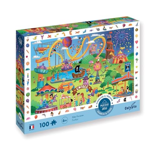 Calypto 3907505 Jahrmarkt, 100 Teile XL-Puzzle mit Soft-Touch, Kinderpuzzle mit samtiger Oberfläche inkl. Suchspiel und Puzzleposter, für Kinder ab 6 Jahren, Wimmelbild, Rummel, Kirmes, Karussell von Sentosphere