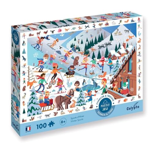 Calypto 3907503 Wintersport, 100 Teile XL-Puzzle mit Soft-Touch, Kinderpuzzle mit samtiger Oberfläche inkl. Suchspiel und Puzzleposter, für Kinder ab 6 Jahren, Wimmelbild, Nachauflage von Sentosphere