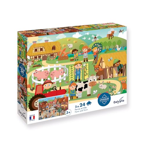 Calypto 3907702 Bauernhof & Stadt, 2x24 Puzzle-Set mit Soft-Touch, Kinderpuzzle mit großen Teilen und samtiger Oberfläche inkl. Puzzleposter, für Kinder ab 3 Jahren, Markt, Farm, Tiere von Sentosphere