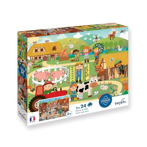 Calypto 3907707 Bauernhof & Stadt, 2x24 Puzzle-Set mit Soft-Touch, Kinderpuzzle mit großen Teilen und samtiger Oberfläche inkl. Puzzleposter, für Kinder ab 3 Jahren, Nachauflage von Sentosphere