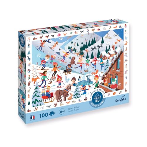 Calypto 3907500 Wintersport, 100 Teile XL-Puzzle mit Soft-Touch, Kinderpuzzle mit samtiger Oberfläche inkl. Suchspiel und Puzzleposter, für Kinder ab 6 Jahren, Wimmelbild, Schnee, Berge, Ski, von Sentosphere