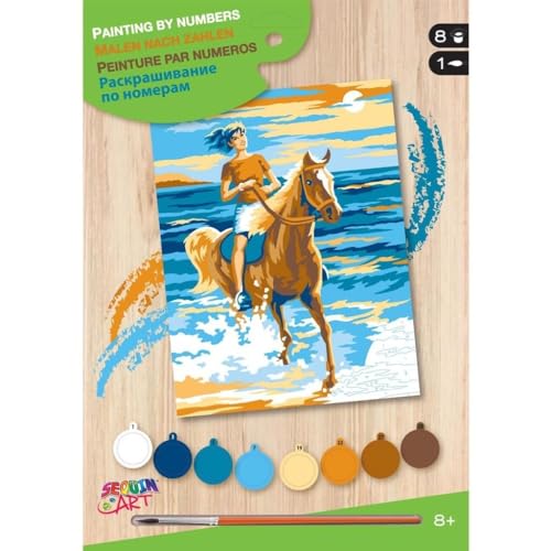 MAMMUT 8222003 - Malen nach Zahlen Junior Ausritt am Strand, Komplettset mit bedruckter Malvorlage im A4 Format, Einsteiger Set mit 8 Acrylfarben, Pinsel und Anleitung, Malset für Kinder ab 8 Jahre von Mammut Spiel & Geschenk