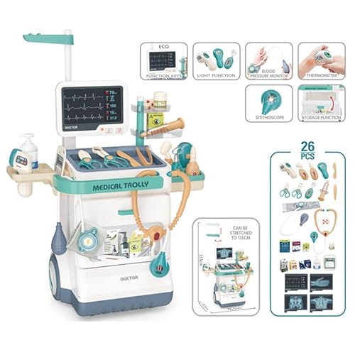 Serena & Jewel Kit für Kinder, 26 Zubehörteile, Medizinische Simulationsstation Set, Mobile Wagen mit Lichtern, Thermometer, Stethoskop, Lernspielzeug für Jungen und Mädchen (26 Teile) von Serena&Jewel