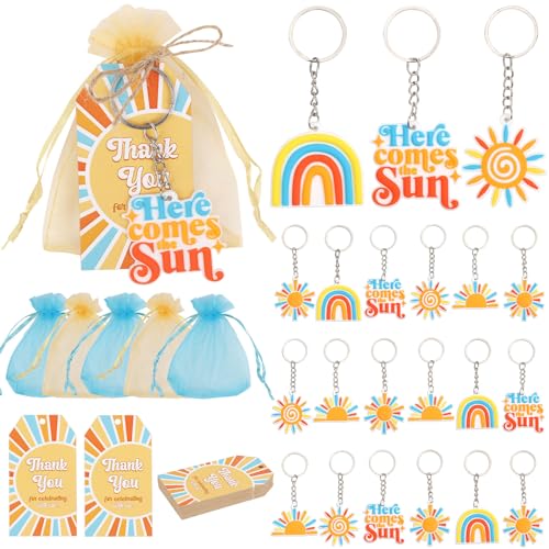 Serencatcher 90 Stück Boho-Sonnen- und Regenbogen-Partygeschenke, "Here Comes the Sun", Babyparty-Gastgeschenke, inklusive Boho-Regenbogen-Sonne, Schlüsselanhänger, Dankeschön, Geschenkanhänger, von Serencatcher