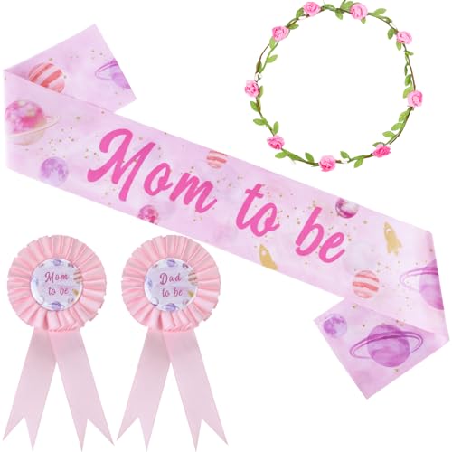 Serencatcher Weltraum-Babyparty-Dekorationen für Mädchen, rosa Weltraumthema, Mutterschaft, Schärpe, werdende Mutter, Vater, Blumenkrone, Stirnband für Galaxie, Geschlecht Enthüllung Party von Serencatcher