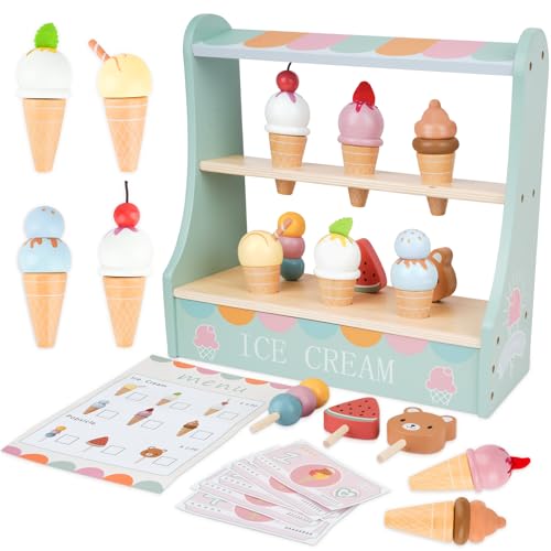 Eisdiele Kinder Holz, Eisladen EIS Holzspielzeug FüR Kinder,KinderküChe & Kaufladen ZubehöR, Eisdiele FüR Rollenspiele Mit Eistheke, Montessori Holzspielzeug Geschenk FüR MäDchen Jungen 3 4 5 6 Jahren von Serntscoy