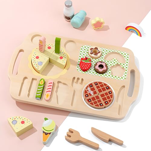 KinderküChe ZubehöR Holz, Kinder KüChenzubehöR, SpielküChe ZubehöR Mit Obstdessert, Teeparty SpielküChe Rollenspiele, KüChenspielzeug Lebensmittel, Geschenk FüR Jungen MäDchen 3 4 5 Jahre von Serntscoy