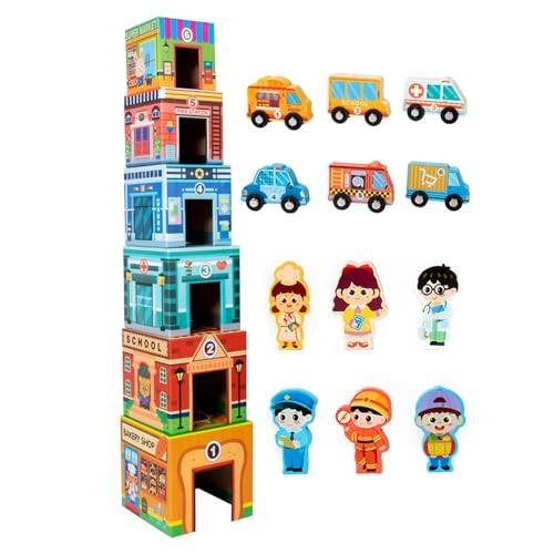 Stadtspielset, Stadtholzklötze, Stapelblöcke Auto Garage Spielzeug Holzbausteine, Lernspielzeug, Stadtspielset Für Kinder, Früherziehung, Fördert Fantasie Und Kreativität von Setauoo