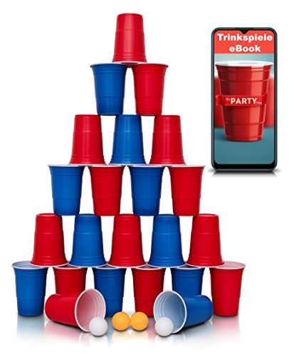 Beerpong Becher spülmaschinenfest 20Stk. aus Hartplastik. XXL-Set in Blau und Rot mit E-Book und 4 Bällen von Sevara