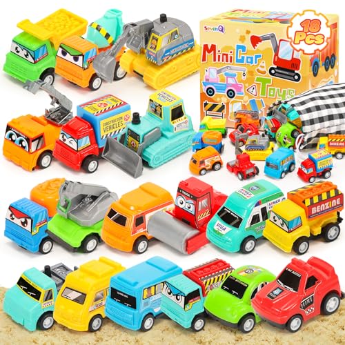 SevenQ Spielzeugautos für Kinder, 18Pcs BAU Spielzeug Mini Bagger Abschleppwagen Spielzeug zurückziehen Autos Rennen Auto Fahrzeug Playset mit Aufbewahrungstasche Geburtstagsgeschenke von SevenQ