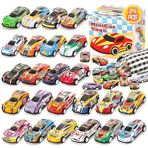 SevenQ Spielzeugautos für Kinder, 24Pcs Race Cars Pull Back Cars Playsets mit Storage Bags, Party Favors Kinder Preise Füller Bulk Geschenke für Jungen und Mädchen Car Game Treasure Chest von SevenQ