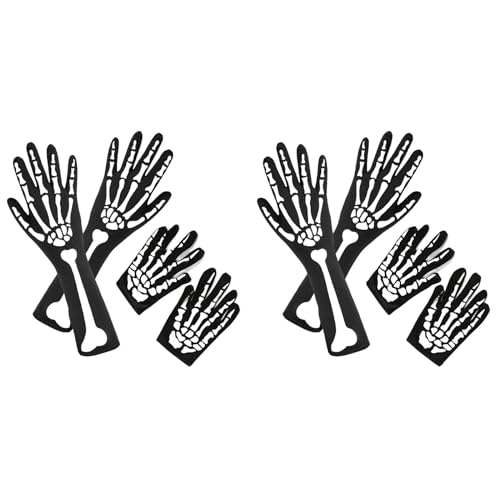 Sevenvtwo 4 Paar Halloween Skeleton Handschuhe mit Skeleton Armmanschette Vollfinger Langarm Skeleton Handschuhe für Kinder und Erwachsene von Sevenvtwo