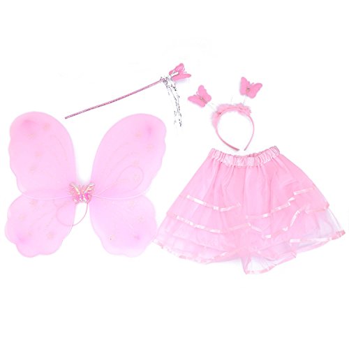 Sevenvtwo Maedchen 4 Stueck Set Fee Prinzessin Funkeln Schmetterling Kostuem Fluegel Zauberstab Stirnband Tutu Rock (3-10Y) Rosa von Sevenvtwo