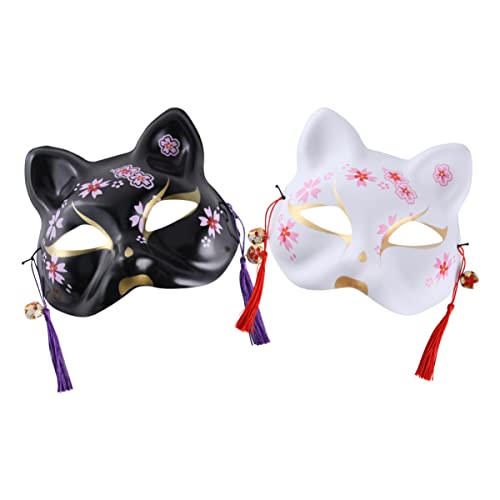 Sewroro 2 Stück Katzenmaske Im Japanischen Stil Anime-Maske Cosplay Halbes Gesicht Katzenmaske Kabuki-Katzenmaske Anzieh-Kostümmaske Für Halloween-Maskerade-Party von Sewroro