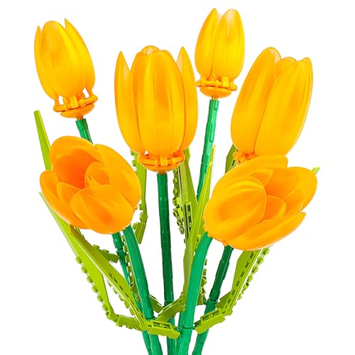 Seyaom Blumenstrauß Bauspielzeug Set, Tulpen Bausteine Blumen Set, Botanische Sammlung Blumen Bausteine Set für Erwachsene, Kreative Geschenke für Frauen, Mädchen, Orange von Seyaom