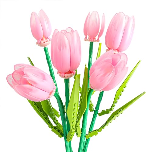 Seyaom Blumenstrauß Bauspielzeug Set, Tulpen Bausteine Blumen Set, Botanische Sammlung Blumen Bausteine Set für Erwachsene, Kreative Geschenke für Frauen, Mädchen, Rosa von Seyaom