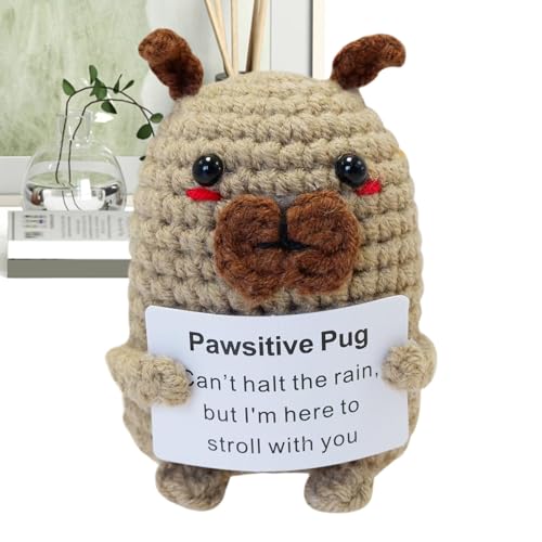 Seyrnicay Positive emotionale Unterstützung Häkelhund | Gestrickte Tierpuppe – Positiv gestrickte Hunde-Mops-Dekoration, emotionale inspirierende Puppe mit positiver Karte für Frauen, Mops-Liebhaber von Seyrnicay