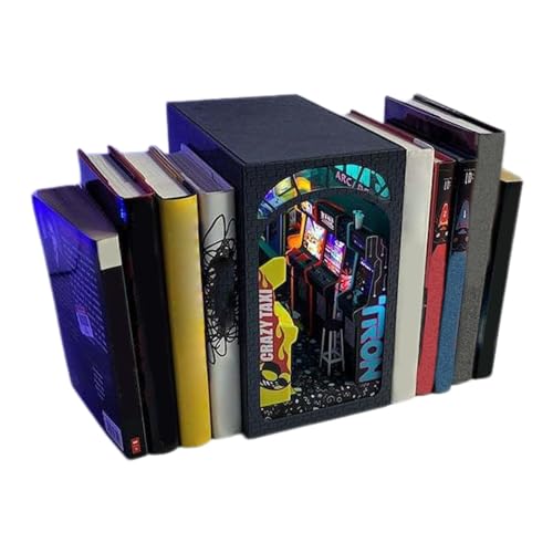 Sghtil Buch-Ecke zum Thema Arkade, Eck-Set Arcade-Buch – Set mit Buchstützen Puzzle aus Holz 3D | Puzzle-Set Arcade-Buch Nook Arcade Video Punk, Miniatur mit LED-Licht, Handwerk für von Sghtil