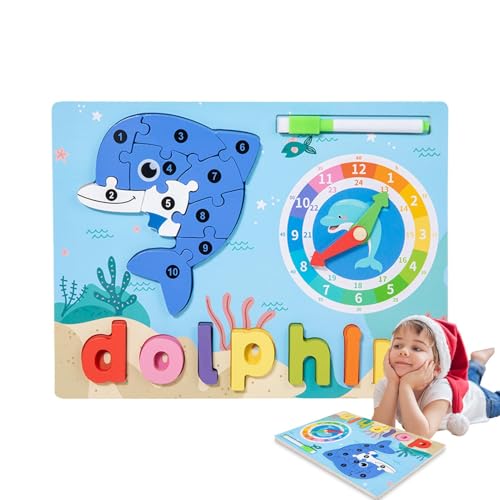 Sghtil Tierpuzzle für Kleinkinder, Holzpuzzles,Niedliche Giraffen-Delfin-Puzzles für Kleinkinder - Buntes Tierpuzzle, Lernuhr-Buchstaben-Matching-Spiel für die frühe Bildung von Sghtil