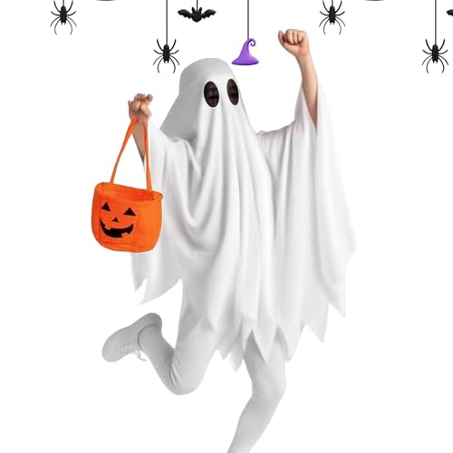 Shaersu Geisterkostüm für Kinder, weißer Geisterumhang für Kinder, Halloween-Kostüm, Cosplay-Outfit mit Kürbis, Süßes oder Leckerli-Taschen für Kinder, Mädchen, Veranstaltungen, Party, Festival Shaersu Geisterkostüm für Kinder, weißer Geisterumhang für Kinder, Halloween-Kostüm, Cosplay-Outfit mit Kürbis, Süßes oder Leckerli-Taschen für Kinder, Mädchen, Veranstaltungen, Party, Festival von Shaersu
