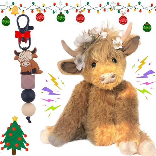 Shafaja Outfany Highland Cow Plush Toy, Sherum Highland Cow Plush Toy, Theorbi Highland Cow Plush Toy, Highland Cow Doll (Braun+Girlande/Stimme) von Shafaja