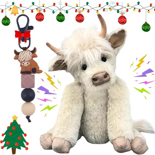 Shafaja Outfany Highland Cow Plush Toy, Sherum Highland Cow Plush Toy, Theorbi Highland Cow Plush Toy, Highland Cow Doll (Weiß + Gesang) von Shafaja