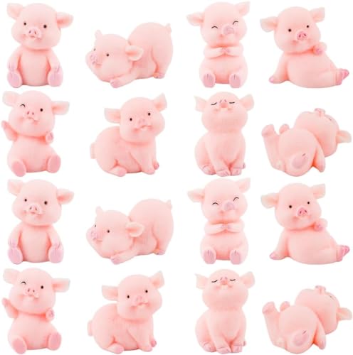 16 Stück Glücksschweinchen Figuren rosa, Glücksbringer Mini Schweine Deko,Schweinchen Miniatur Ornamente, Glücksbringer Silvester Harz Schwein Kuchen Toppers für DIY Handwerk Party Set von Shamoparty