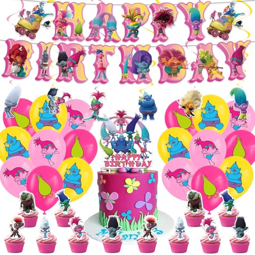 32Stk Troll Elf Geburtstag Party Dekoration Set, Kindergeburtstag Party Dekorationen, Cake Toppers, Troll Elf Party Zubehör, Troll Elf Kuchen Dekorationen, Banner, Ballons von Shamoparty