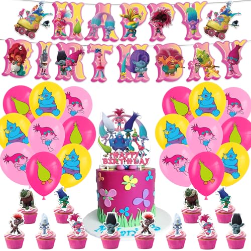 32Stk Troll Elf Geburtstag Party Dekoration Set, Kindergeburtstag Party Dekorationen, Cake Toppers, Troll Elf Party Zubehör, Troll Elf Kuchen Dekorationen, Banner, Ballons von Shamoparty