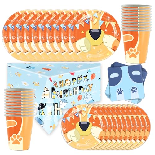 61Pcs Kindergeburtstag Tischdeko,Bluey Partygeschirr Geburtstag, Teller Becher Servietten Tischdecke, Party Deko Geburtstag Theme Geschirr von Shamoparty