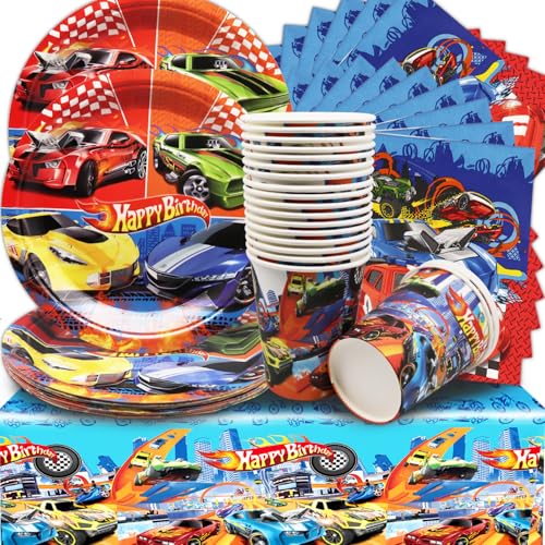 61Pcs Kindergeburtstag Tischdeko,Racing Geburtstagsgeschirr，Coole Sportwagen Party Utensilien,Tischdecke+Teller+Tasse+Serviette Für 20 Gäste von Shamoparty