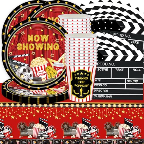 61Stk Movie Party Geschirr Set, Movie Party Party Dekorationen, Movie Theme Party Supplies, Movie Night Teller Tassen Tissue Papier Servietten Tischdecken für 20 Personen von Shamoparty