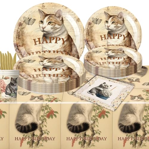 61Stk Vintage Cat Partygeschirr,Teller, Tassen, Tischtücher, Servietten,Bedienung 20 Gäste,Geburtstagspartygeschirr für Katzenliebhaber von Shamoparty