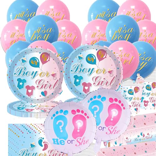 Baby Shower Deko Set, 76 Stk Blaues und Rosafarbenes Partgeschirr, Gender Revel Party Geschirr, Set Baby Shower Gender, Luftballons, Tischtücher, Teller, Tassen, Servietten für Babyparty von Shamoparty