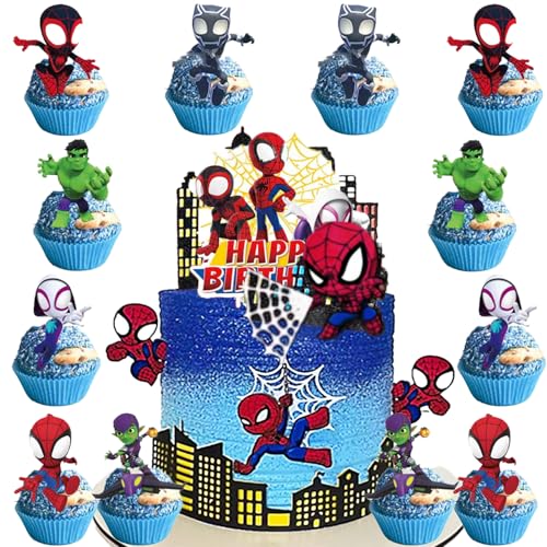 Jungen Thema Kuchen Dekorationen, 19 Stück 1 Happy Birthday Kuchentopper, 12 Cupcake-Topper, 1 Hausumrandung, 1 Hausflagge und 4 Jungen-Dekorationen von Shamoparty