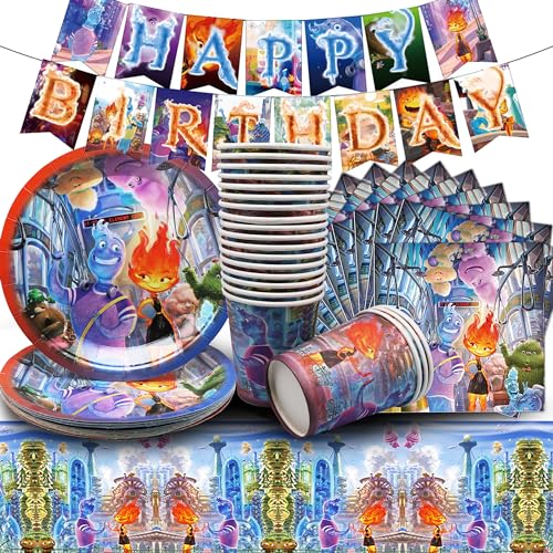 Partygeschirr für Element des Wahnsinns, Pixar Animation Project Geburtstagsgeschirr,Elemental Thema Inklusive Geburtstagsfahne,Teller, Tassen, Servietten und Tischtücher für 20 Personen von Shamoparty