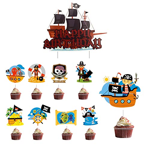Shamoparty 10Stk Pirate Tortenstecker Piraten Kuchendeckel Happy Birthday Cake Toppers Set Piraten Kuchen Topper Cupcake für Kinder Mädchen Junge Halloween Party Muffin Deko von Shamoparty