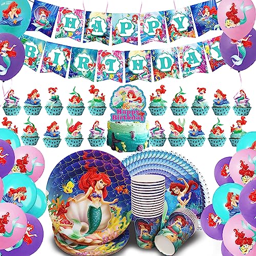 Shamoparty 99Stk Dient für 20 Gäste Meerjungfrau-Partygeschirr Set, Partyzubehör für Ariel Geburtstag Tischdeko Meerjungfrau[Teller 9", Tasse, Ballon, Banner, KuchenTop,Serviette] von Shamoparty