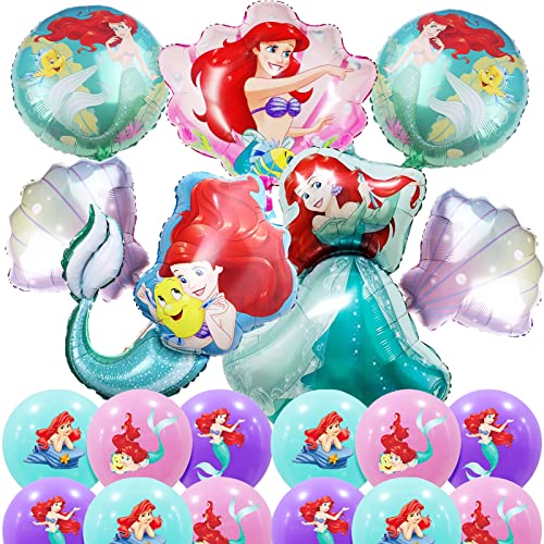 Shamoparty Meerjungfrau Luftballon Ariel Aluminiumfolienballon,20-Stück Märchen Prinzessin Dekorativer,Meerjungfrau Prinzessin bedruckt Latex Ballon von Shamoparty