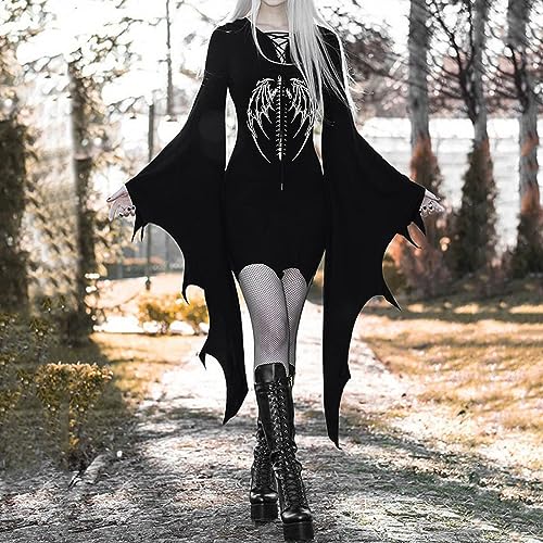 Fledermausflügel-Kleid Halloween, Fledermausflügel-Kleide für Damen | Halloween Fledermaus Kostüm Kleidung - Damen Gothic-Kleid mit Fledermausärmeln, Partykleid für Halloween, (02-Schwarz 02, M) von Shaohan