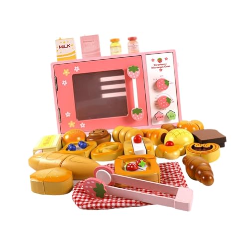 Sharplace Mikrowellenspielzeug aus Holz für Kinder mit Brot- und Lebensmittelspielzeug, Lernspielzeug, Rollenspiel-Lernspielzeug für Kleinkinder im Alter von von Sharplace