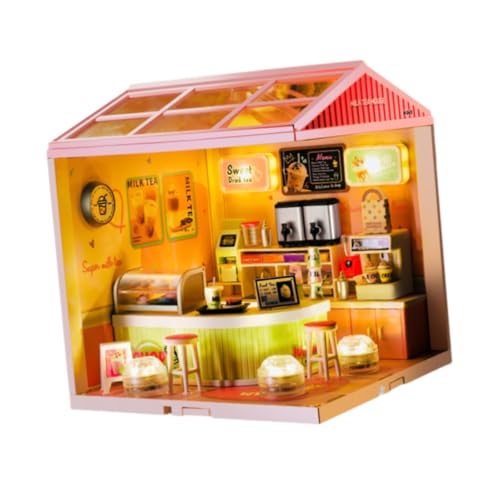 Sharplace Miniaturpollhouse Kit Tiny House Diorama Kunstwerk Mini House Making Kits mit LED für Erwachsene Familienjunge Mädchen Geburtstagsgeschenke, Milchteeladen von Sharplace