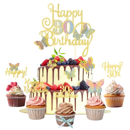 15 Stück Tortendeko Schmetterling Happy Birthday Cake Topper und Cupcake Deko 30 Geburtstag Frau Topper Deko 30. Geburtstag Frauen Gold Glitzer Kuchen Deko von ShengDexin