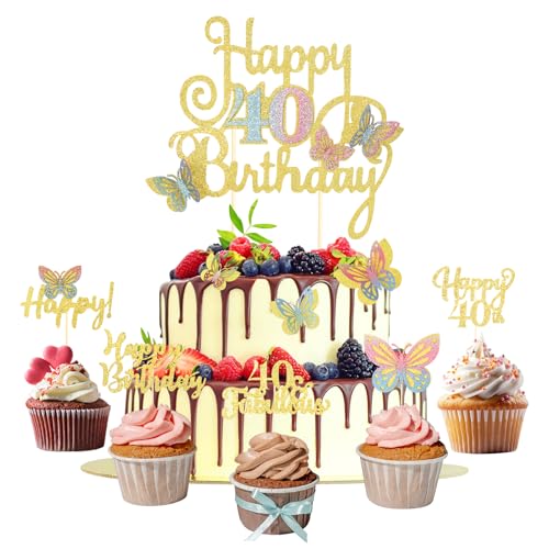 40 Geburtstag Frauen Tortendeko Schmetterling 15 Stück Happy Birthday Cake Topper und Cupcake Deko 40. Geburtstag Frauen Gold Glitzer Kuchen Deko von ShengDexin