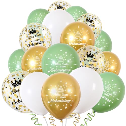 Luftballons Geburtstag Grün Gold Weiß Helium Ballons Happy Birthday Ballon 20 Stück 12 zoll Ballons Geburtstag, Geburtstagsdeko Frau Mann Alles Gute zum Geburtstag Party Deko von ShengDexin