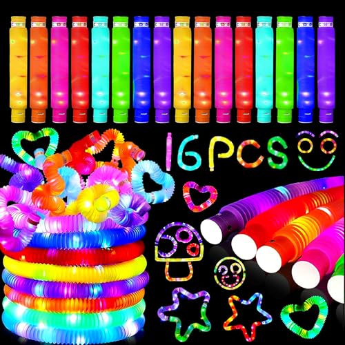 16 Stück Knicklicht Pop Tubes,LED Pop Tubes Fidget Toys,Party Supplies Leuchtstäbe,Knicklichter Armbänder Party Deko Set,Bunt Sensorik Spielzeug Pop Röhren Mitgebsel Kindergeburtstag für Kinder von Shengbangym